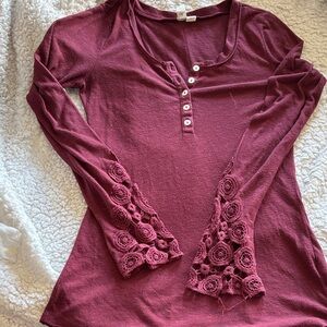 Women's Plum Henley Long-Sleeve Top with Crochet Cuffs
